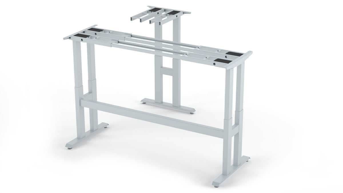 Apex Pro Max six-leg L-shaped standing desk frame in silver