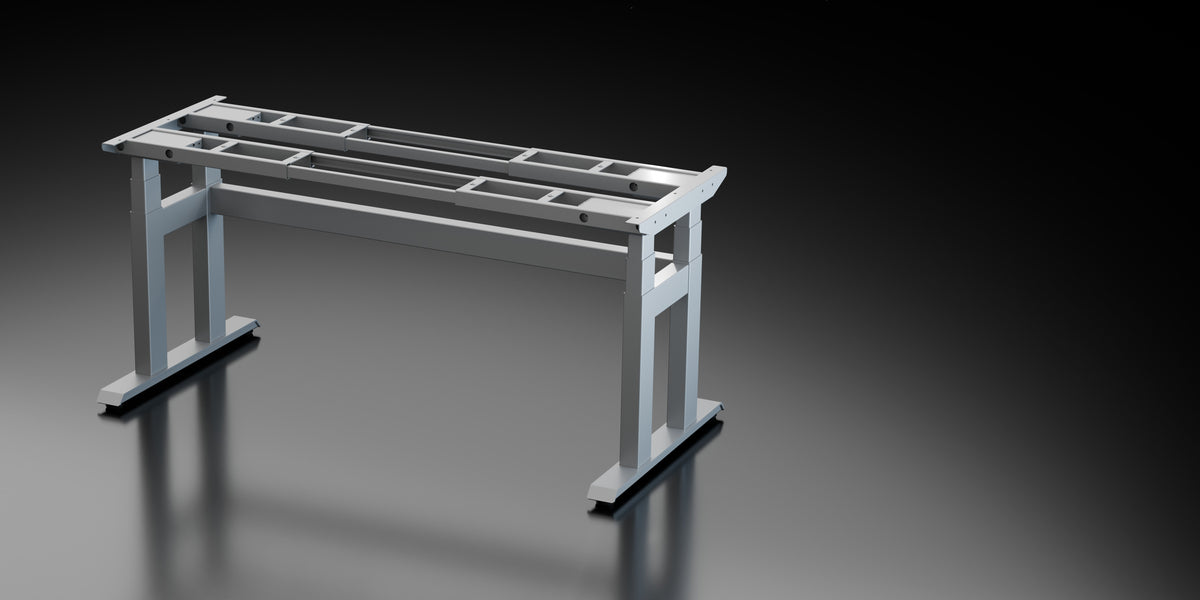Apex Pro Max four-leg standing desk frame with crossbar in silver