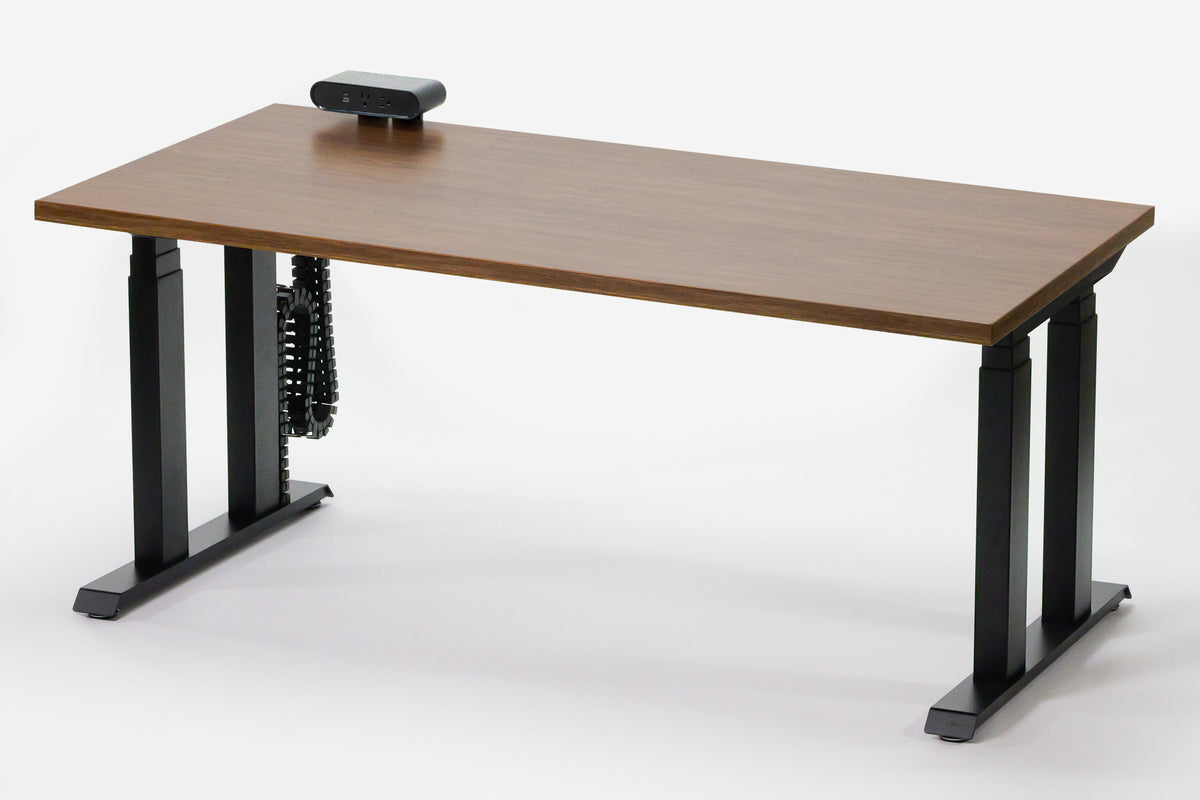 Lansing standing desk with black base and Thermo Walnut laminate top