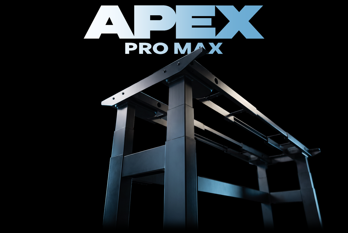 Apex Pro Max standing desk frame with a cool blue metal highlight and APEX PRO MAX title.