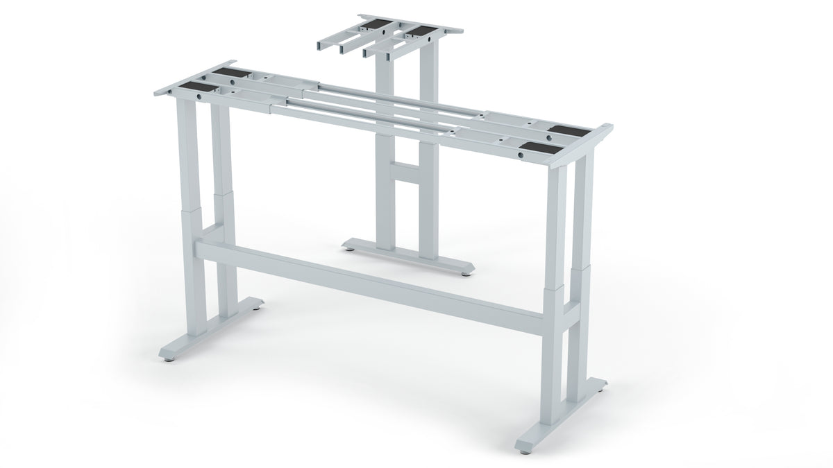 Apex Pro Max six-leg L-shaped standing desk frame in silver