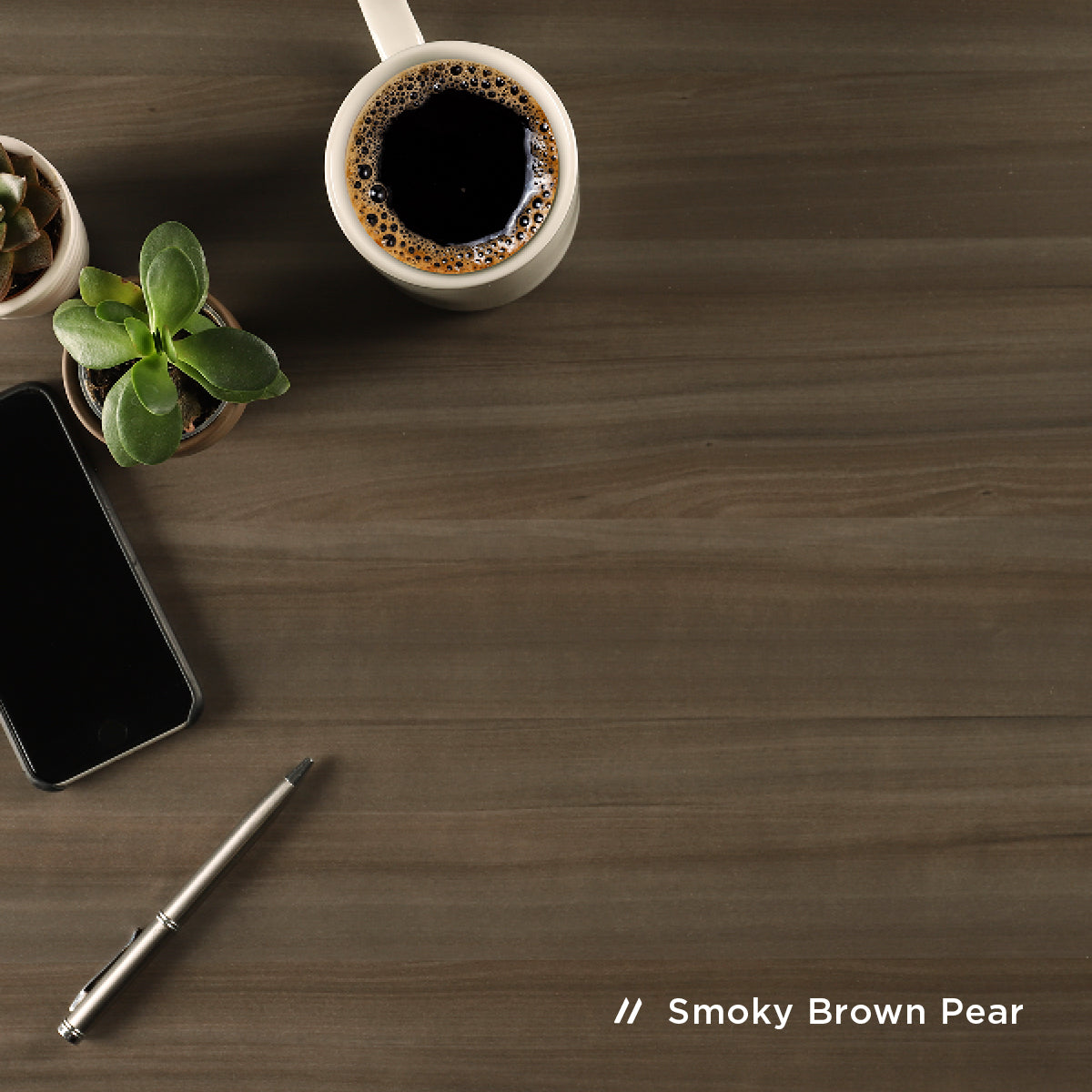 Smokey Brown Pear high-pressure laminate desktop finish, close-up swatch